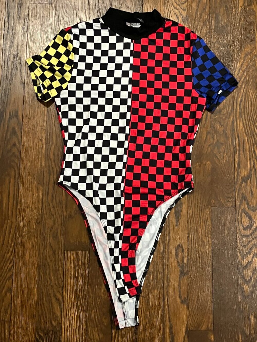 Shein short sleeve checkerboard racer colorful print bodysuit sz Extra Small XS